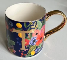 Anthropologie x RIFLE PAPER CO Mug MONOGRAM T Initial Letter Floral Gold Blue