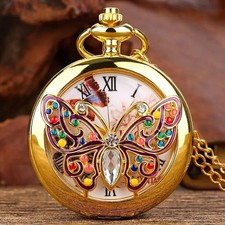 Vintage Rhinestone Butterfly Quartz Pocket Watch Hollow Out Analog Necklace Gift