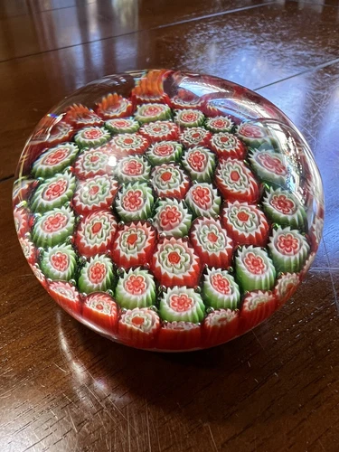 Beautiful Vintage Millefiori Green Red White Unsigned Art Glass Paperweight
