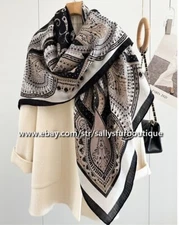 Sallys 70% Cashmere & 30% Silk Stole Paisley Print Double Face Scarf Shawl 53"