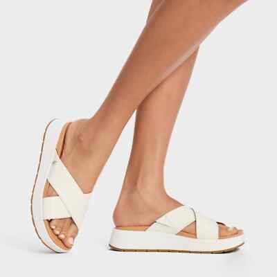 UGG Emily white leather criss cross platform slide sandals women's