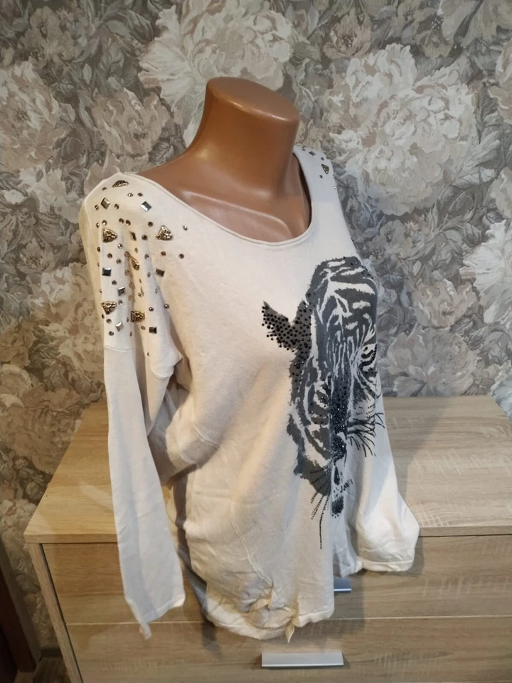 Suéter Mujer Claro Sin Marca Talla L Beige Multicolor Tigre Foto 3 de 4