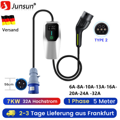 Typ 2 32A 1 Phase 7kW EV Ladekabel Elektroauto PHEV CEE Ladegerät Wallbox EU 5m 