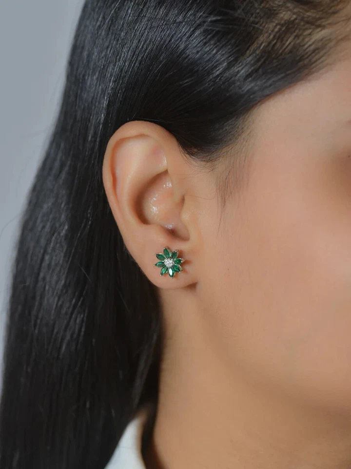 925 Sterling Silver FlowerLab Created Emerald Halo Stud Earrings - Image 3 of 4