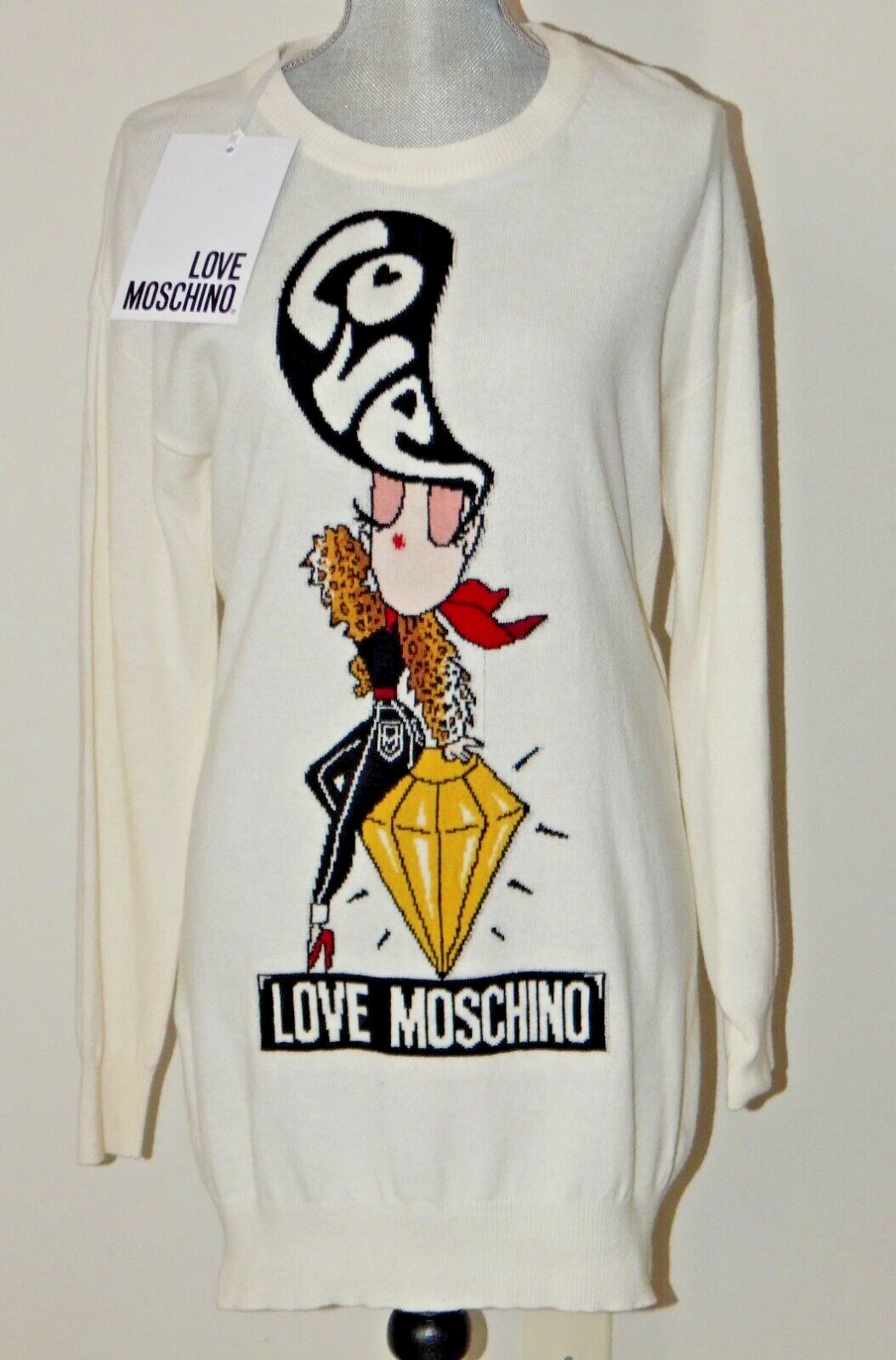 Love Moschino Pullover Maglione Vestito Bambina su Diamante Made in ITALY Avorio Nuovo con etichette