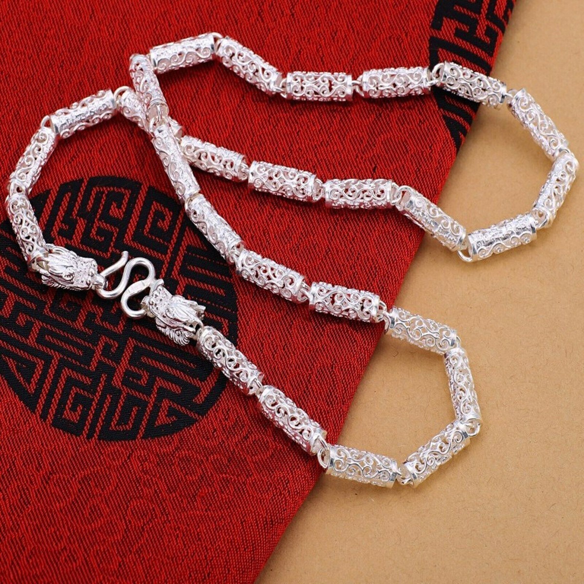 Pure 999 Fine Silver Chain Men Long Beads Link Dragon Head Necklace 