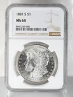 Certified 1881-S Morgan Silver Dollar NGC MS64 $1