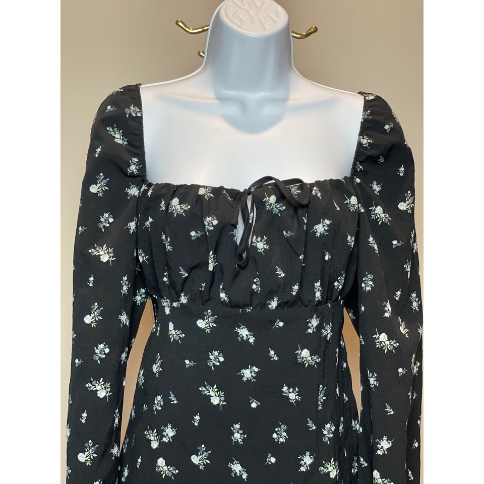 Tag M P H&M Black Blue Floral Blouson Dress Size S Lightweight Long Sleeve New ...
