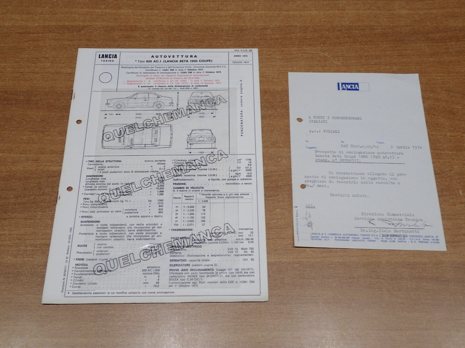 LANCIA TIPO 828 AC.1 BETA 1800 SCHEDA DI OMOLOGAZIONE DGM CON LETTERA 1973 (42)