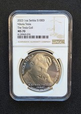 2023 1oz. Nikola Tesla Electrical Visionary Tesla Coil Serbia 100D NGC MS70