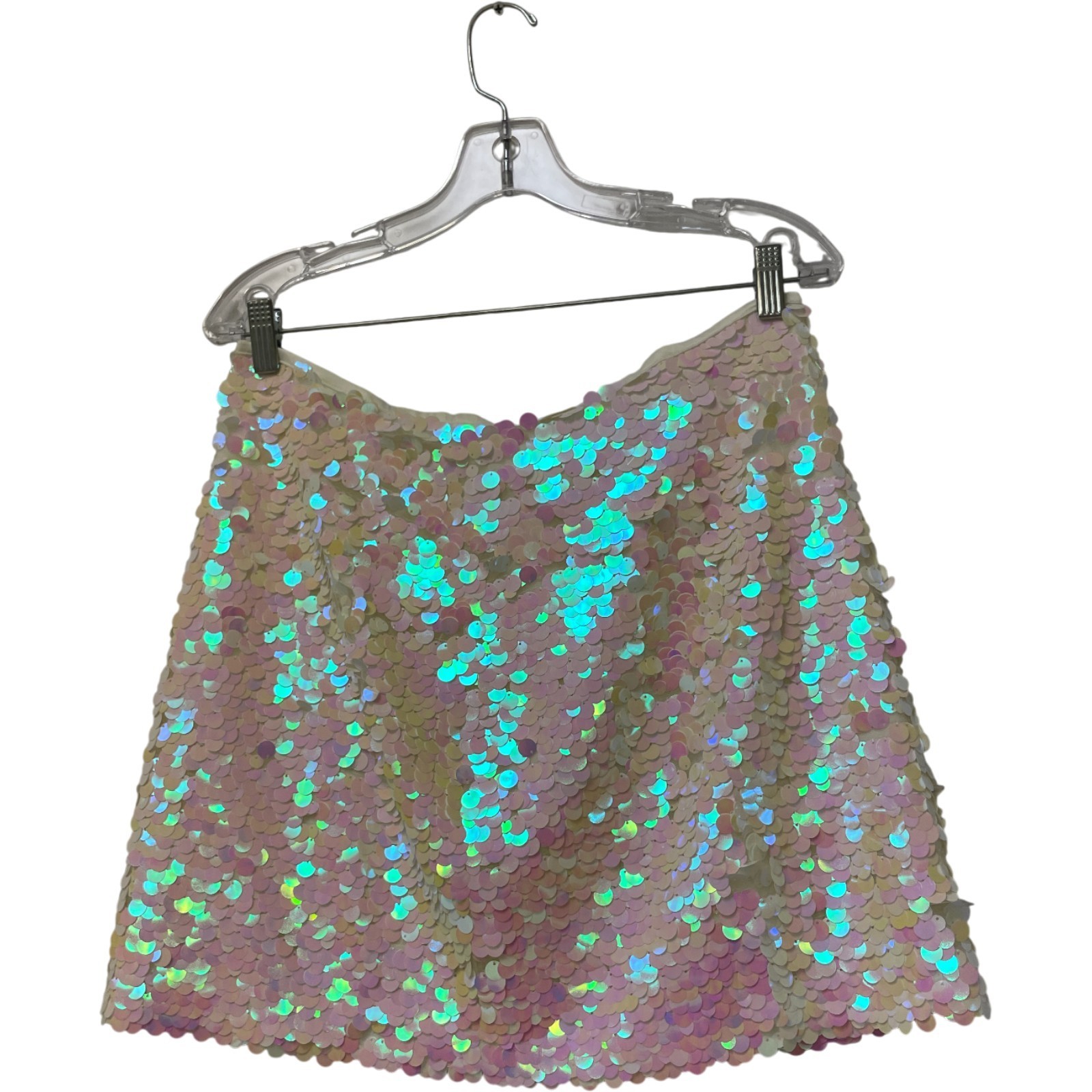 Zara Womens Mini Sequin Skirt Large L Ivory Pink Party Whimsical 3920/125 NWOT