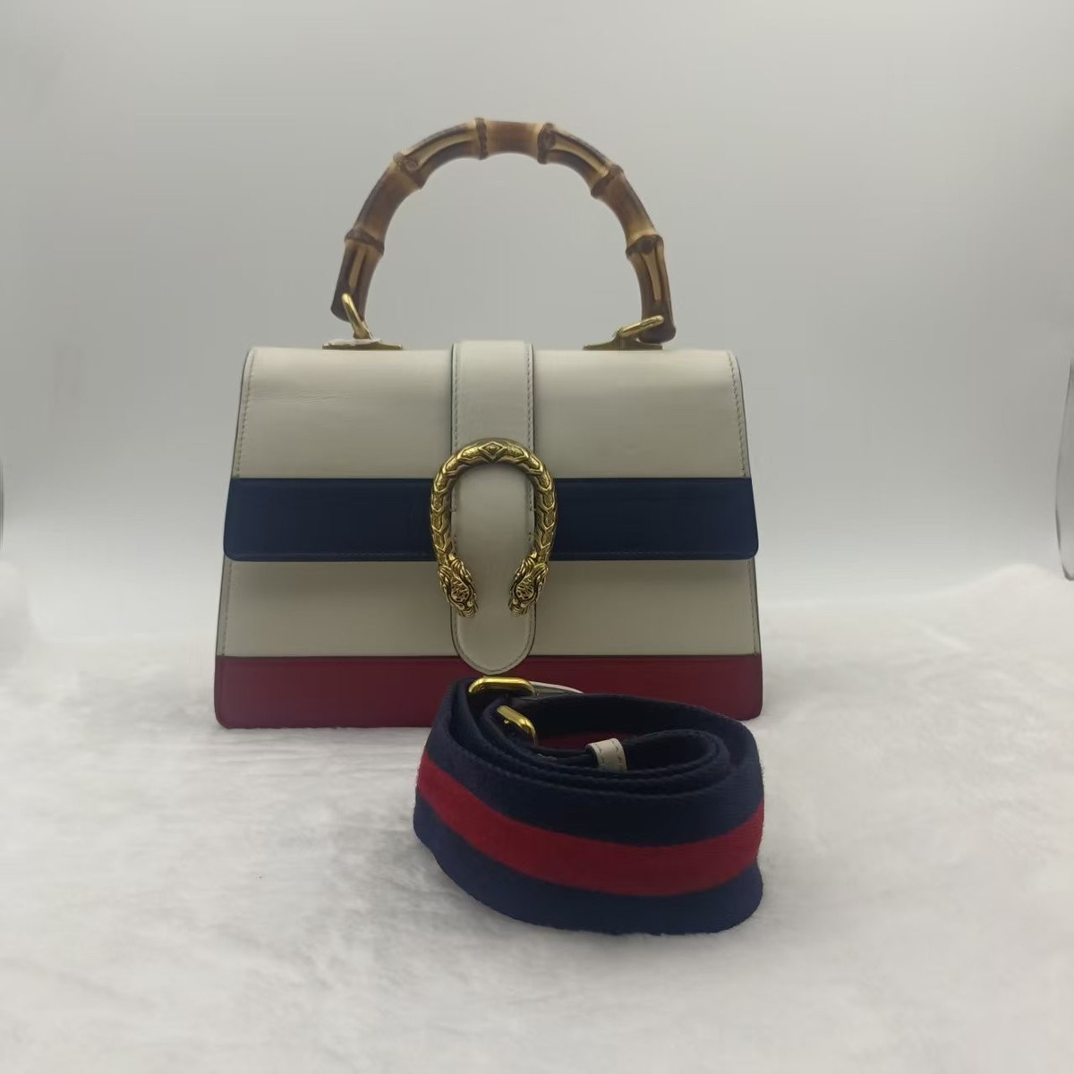 Gucci Dionysus Bamboo Top Handle Bag White Red Blue Leather Gold