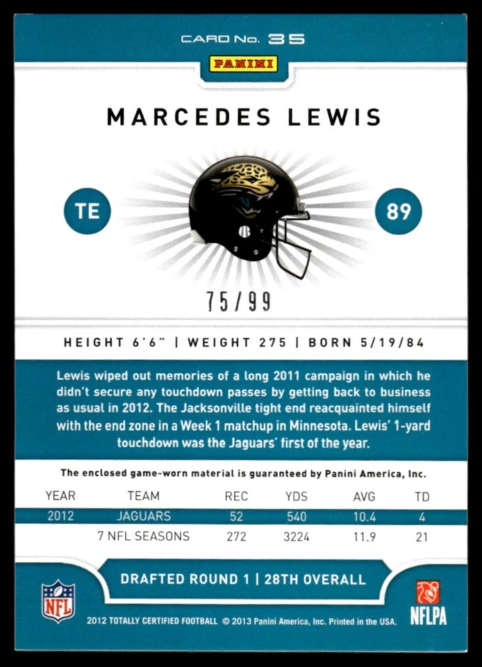 2012 PANINI TOTALLY CERTIFIED BLUE MATERIALS MARCEDES LEWIS /99 JAGUARS #35 - Image 2 of 2