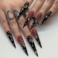 Black Press on Nails Long Stiletto French Tip Fake Nails with Gold Moon Star