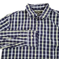 Banana Republic Dress Shirt Mens Large 16.5 34/35 Blue Plaid Non Iron Slim Fit