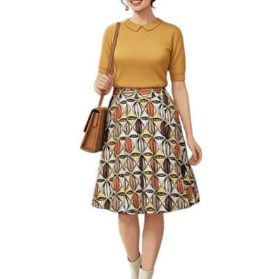 Style&co Linen Skirt Women 16 Brown Orange Geometric Lined A Line 60s Vibe Pleat