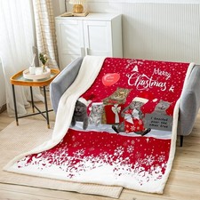 Christmas Xmas Cat Red & White Printed Fleece Blanket / Throw. Double 60" x 79"