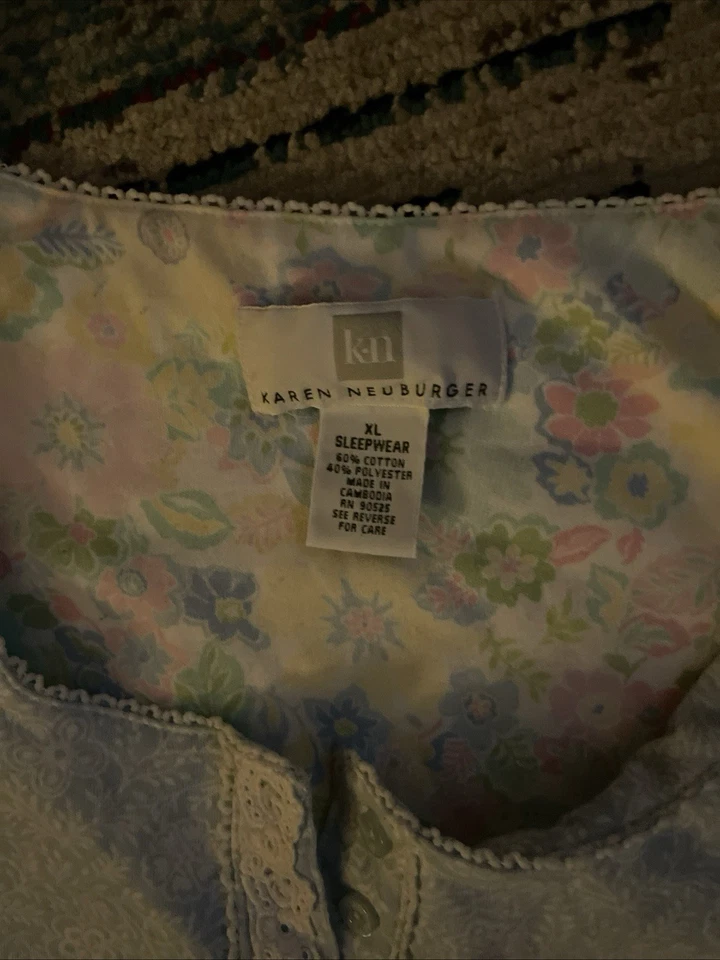 Camisa de Noche Karen Neuburger Azul Cielo Floral Estampado Cachemira Hasta la Rodilla XL Foto 3 de 3