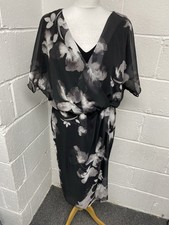 Jacques Vert Black Floral Wrap Chiffon Overlay V Neck Evening Dress UK16 PD