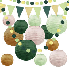 16PCS Lampions Party Deko,  Papierlaternen Grün Gold Gartenparty Deko Draußen Bu