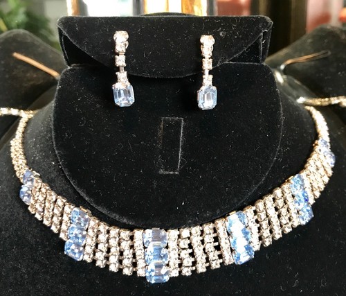 VINTAGE MCM BLAUE STRASS HALSKETTE & OHRRINGE 50er JAHRE