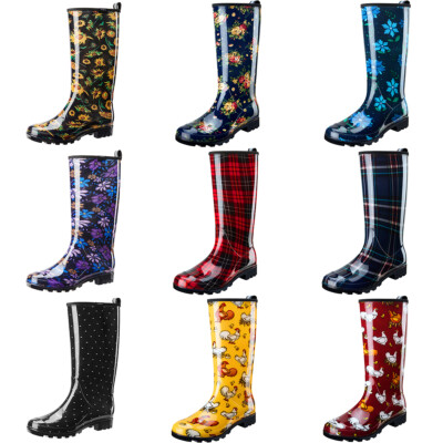 HISEA Women Knee High Rain Boots Waterproof Garden Shoes Colorful Printed Wellie