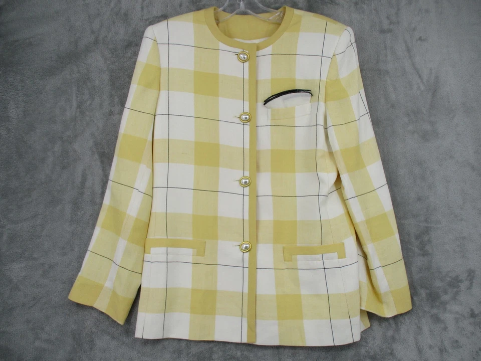 Kasper ASL Falda Traje Mujer 10 Lino Blazer Carrera Preppy Cuadros Perla Botón Foto 3 de 4