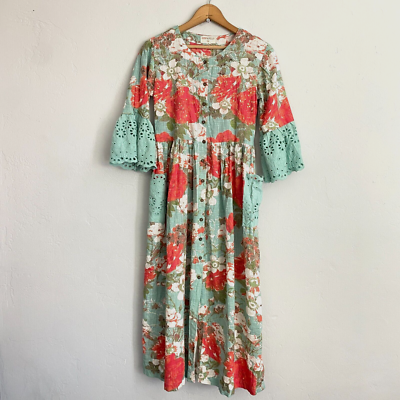 Bombay Paisley Floral Dress Women Size XS Blue Red Eyelet Cottagecore | eBay