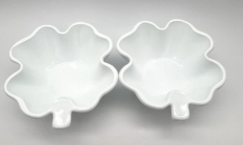 Vintage White Milk Glass Four Leaf Clover Handled Bowls - Set of 2