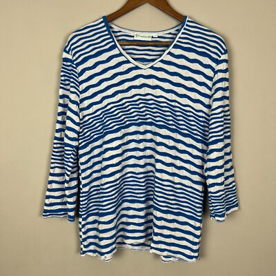 Lulu B Top Womens Large Blue White Stripe Textured Stretch Knit 3/4 Sleeve Hole
