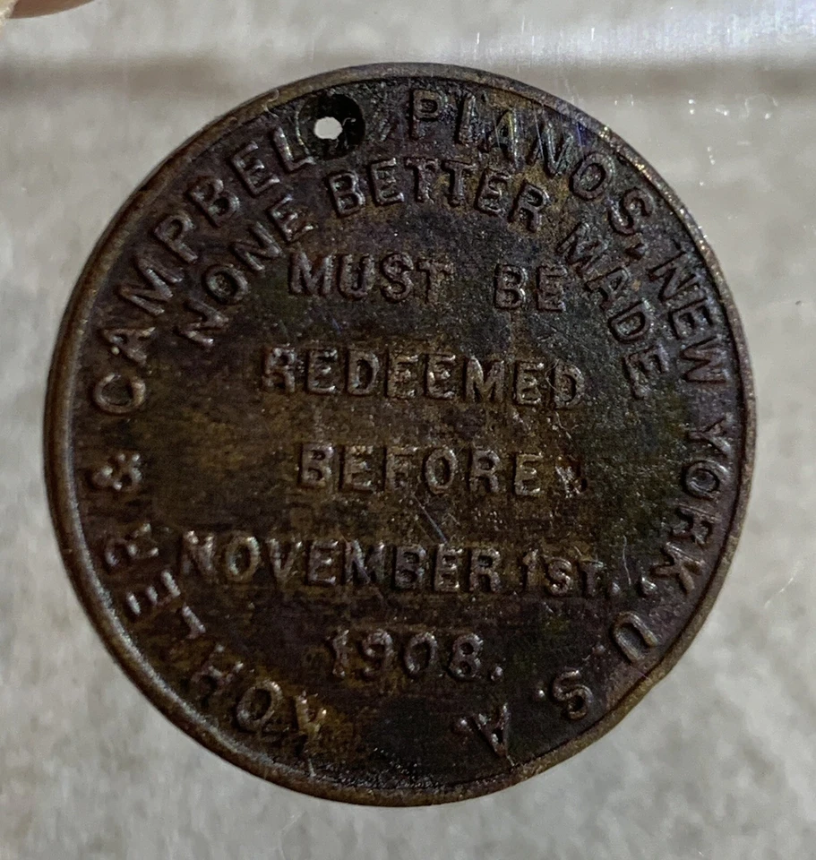 US Kohler & Campbell Pianos Coin Token NY Advertising Medallion Vtg Antique 1908 - Image 2 of 4