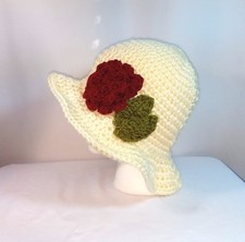 Cloche Flapper Hat Handmade Crochet Cream Cranberry Flower Green Leaves XL