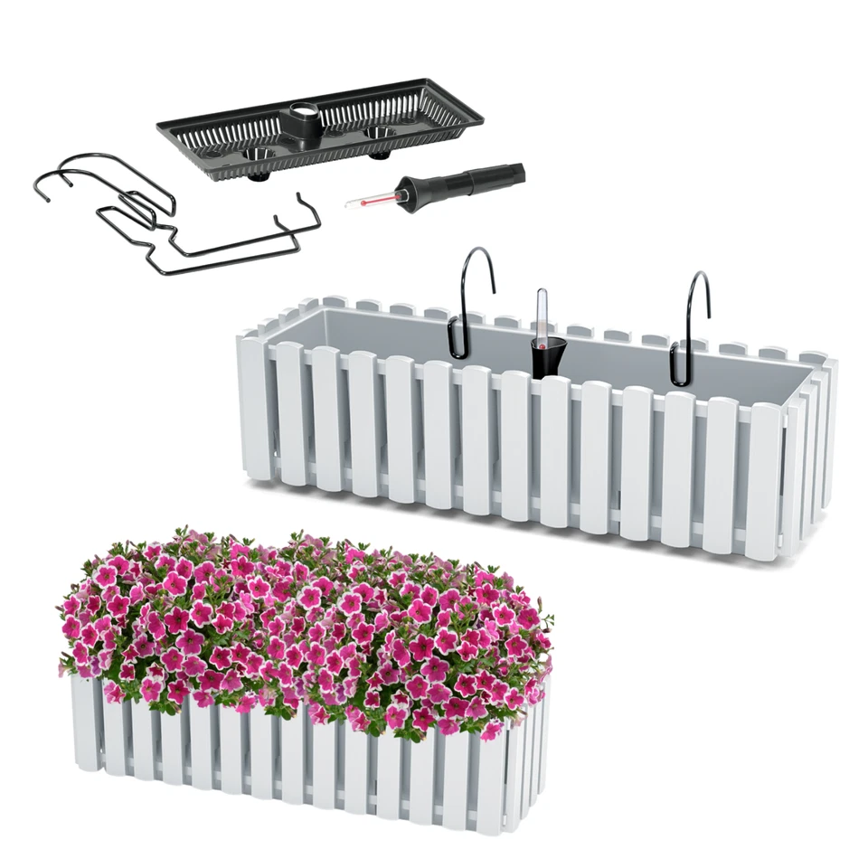 Blumenkasten mit Halter Balkonkasten Mit Bewässerungssystem (Weiß; 2 Größen) - Bild 3 von 4