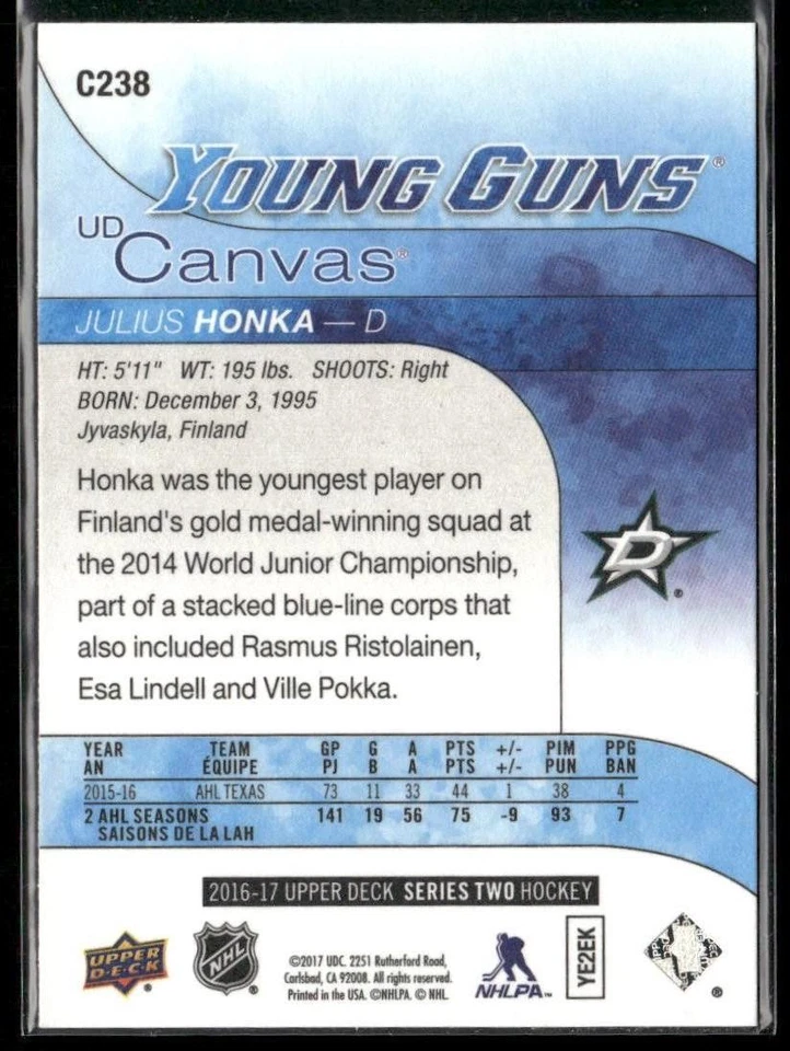 2016-17 Upper Deck Julius Honka Young Guns Canvas RC #C238 Dallas Stars - Image 2 of 2