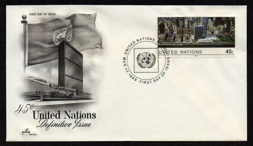 UNITED NATIONS NY, SCOTT # 549, ARTCRAFT FDC COVER - HEADQUARTERS BUILDING 1989
