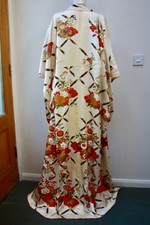 Vintage Japanese Printed Silk Kimono, Stunning Peonies Water Lilies, Silk Lined