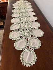 Vintage Hand Crochet Table Runner Dresser Scarf Lace Doily White  Mint Geen.