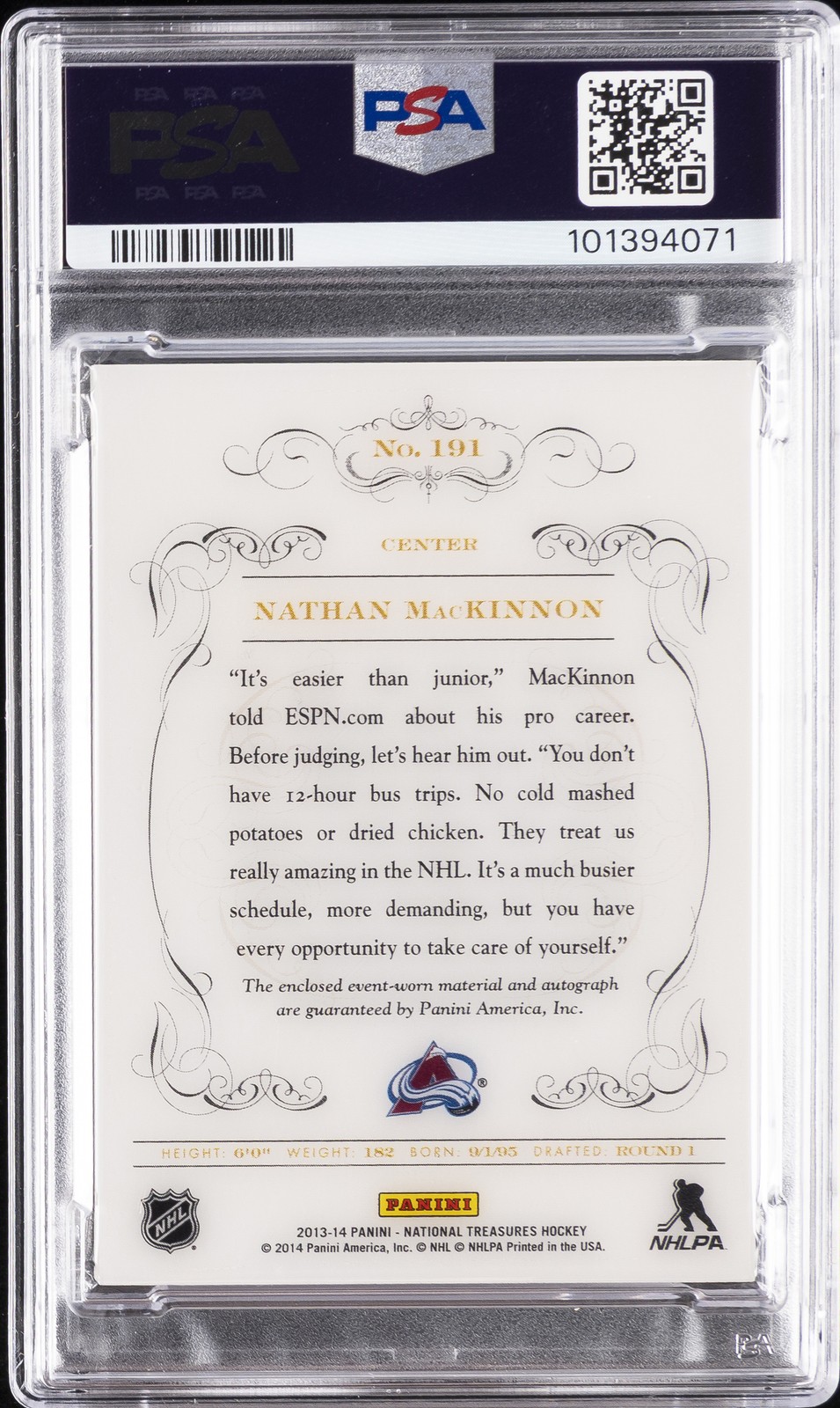 2013 NATIONAL TREASURES AUTO PATCH #191 NATHAN MACKINNON ROOKIE RC 5/99 PSA 8 view 2