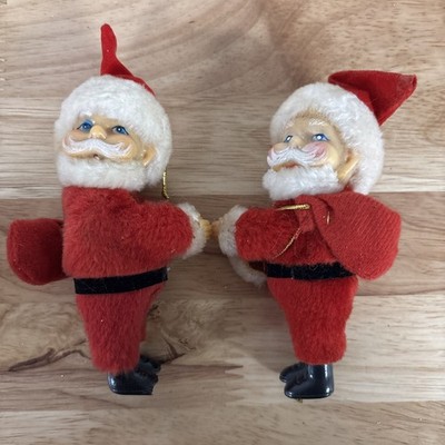2 Vintage Santa Claus Clip On Hugger Mini Plush Ornament Red White Plastic