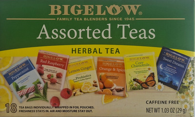 Bigelow Assorted Herbal Tea 18 Bags Variety Pack Peppermint Chamomile Lemon Ging