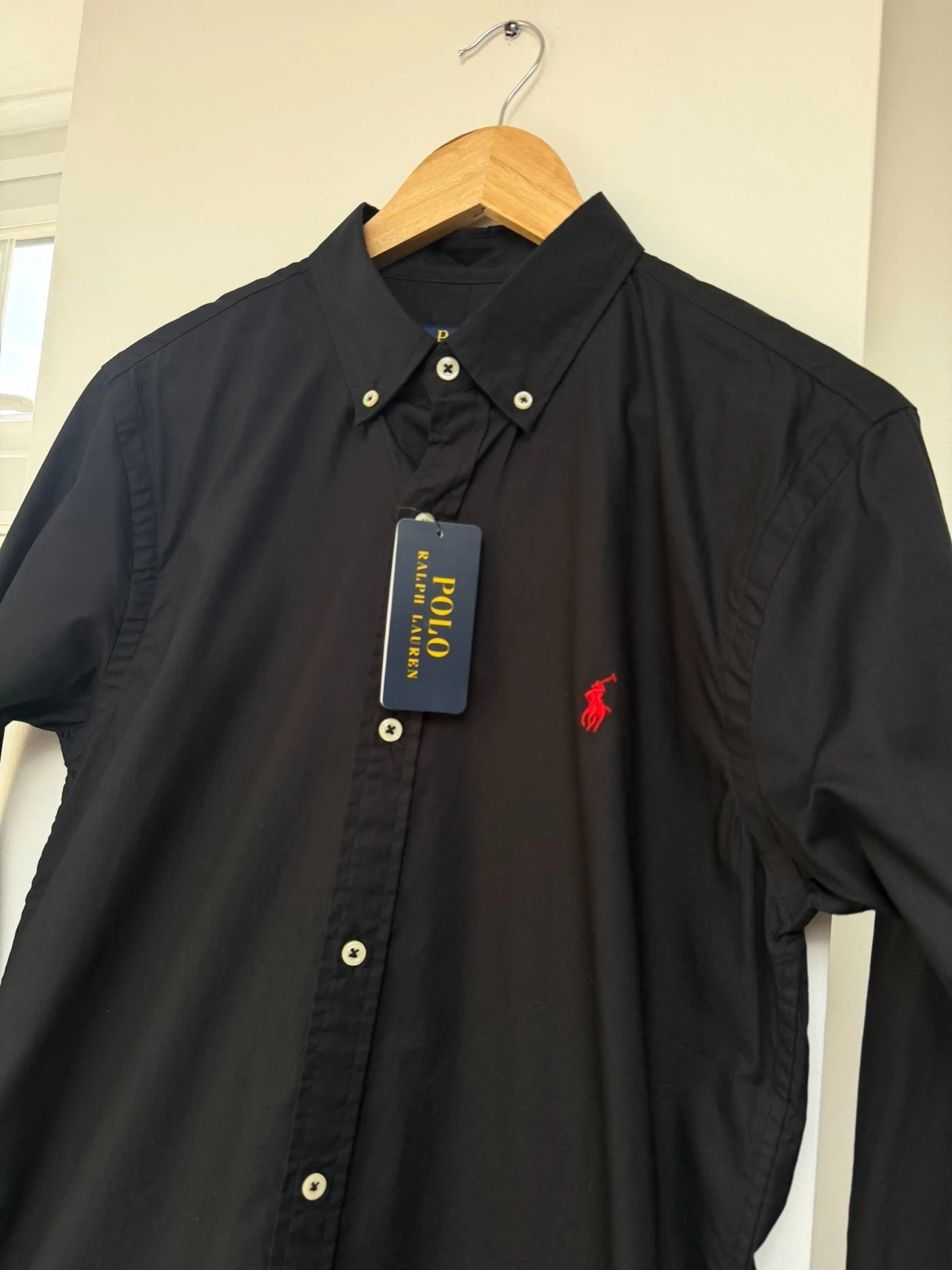 Polo Ralph Lauren Poplin Shirt Black Button Down Slim Fit 100% Cotton Size M