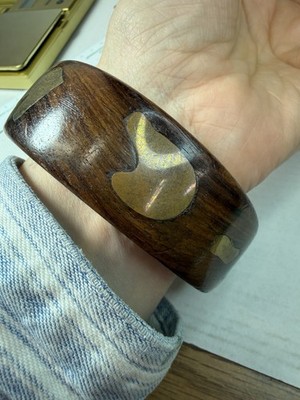 Vintage Bracelet Wood Bangle Carol for Eva Graham Brass Shapes Wide Chunky H1