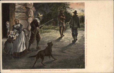 Plymouth MA Massachusetts Samoset Englishmen Greet c1900-20s Vintage Postcard