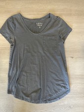 Loft Women's T Shirt Size XS Extra Small Blue w/Silver Stripe Scoop Neck