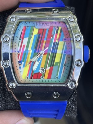 Wove Tonneau Analog Wristwatch Multicolor Graffiti Dial Blue Rubber Strap Date