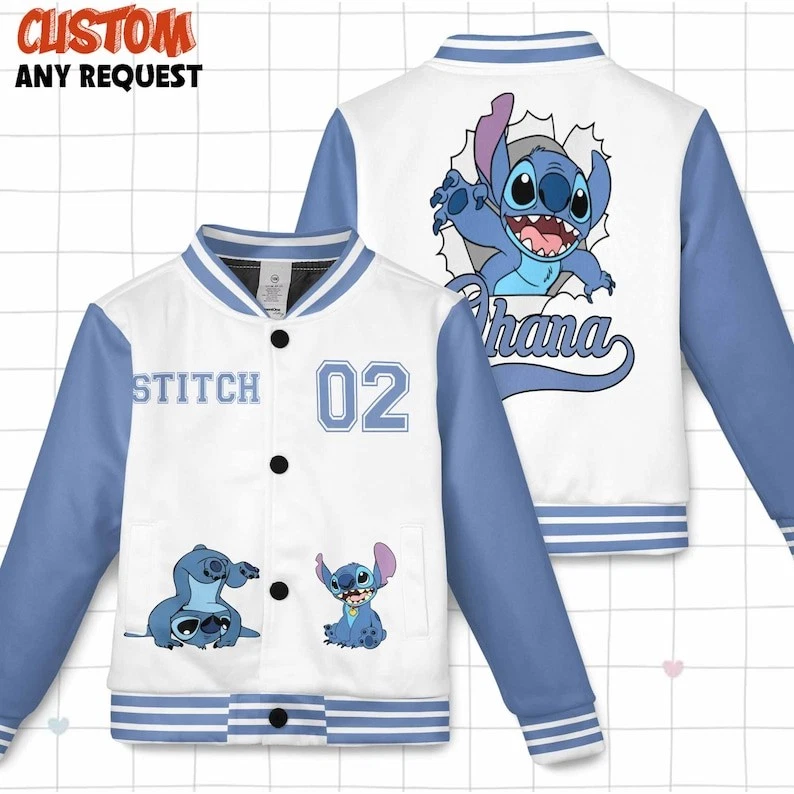 Custom Funny Stitch Cracking Lilo & Stitch Ohana Means Family Baseball Jacket