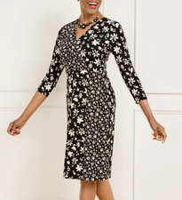 Talbots Bicolor Black Ivory Ditsy Wrap Floral 3/4 Sleeve Unlined Dress Sz M FX3