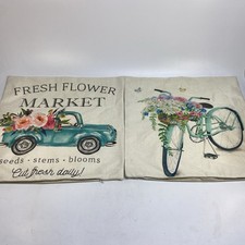 2 Spring Summer Pillow Cover Set Flower Truck Bike Aqua 18x18in Cottagecore Farm