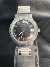Vtg Timex Automatic Watch Date Round Black Dial WR Repair/parts Speigel Band