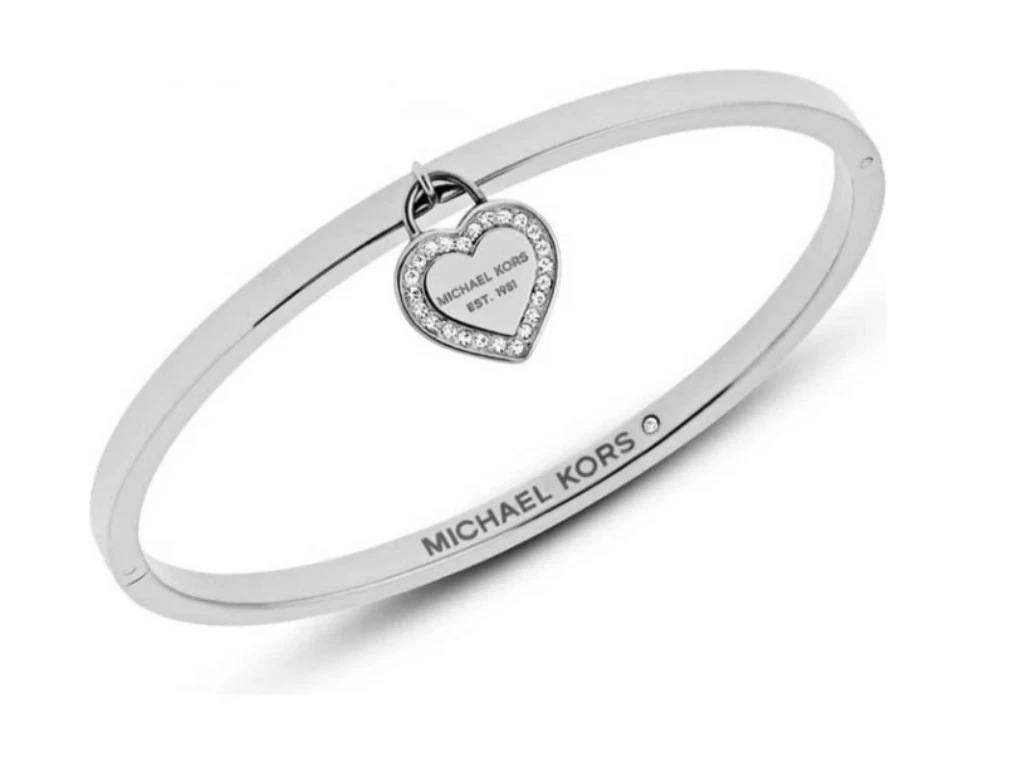 Michael Kors MK Logo Heart Charm Silver Bangle Bracelet Crystals MKJ5038040 +BOX